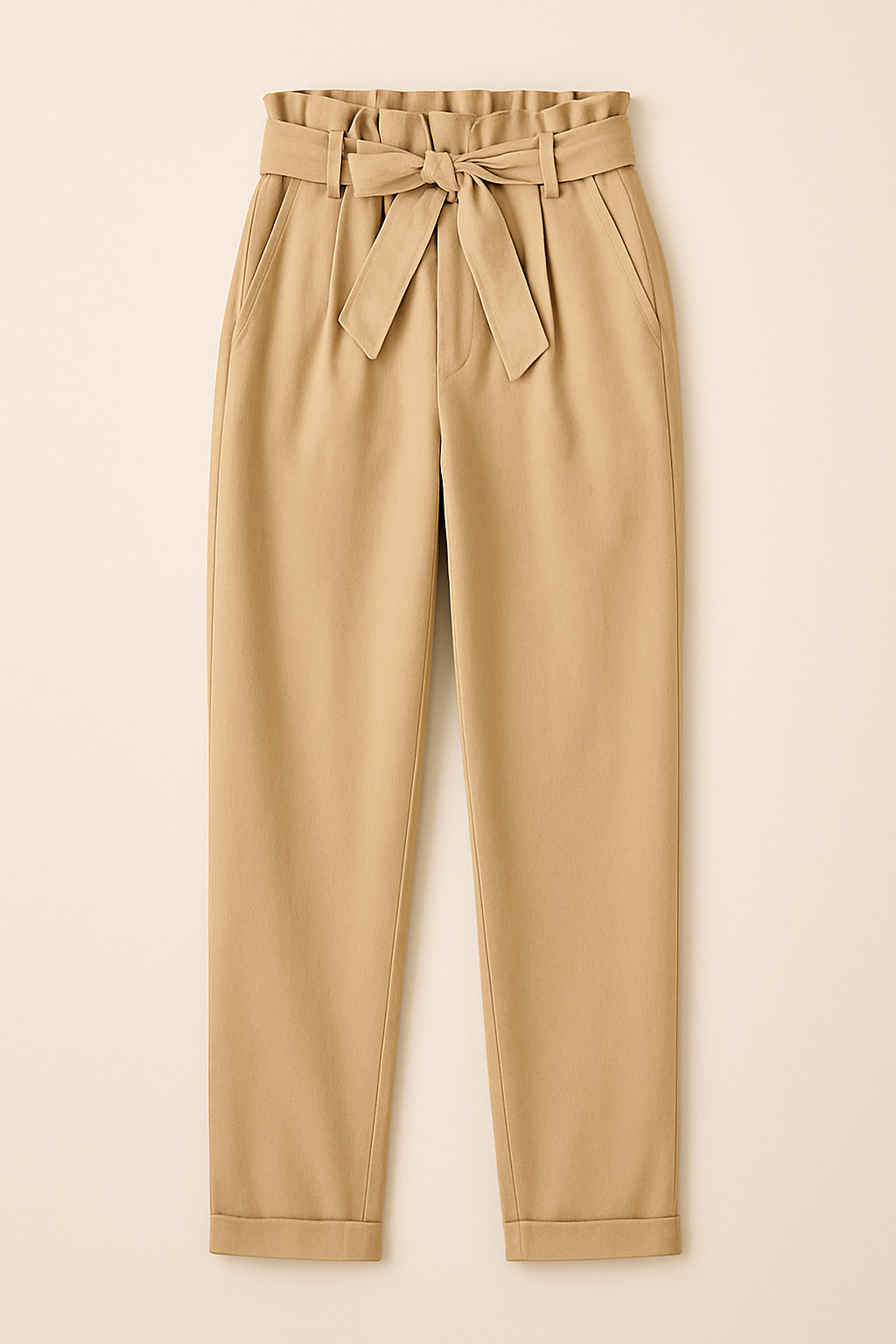 Beige Paperbag Waist Pants