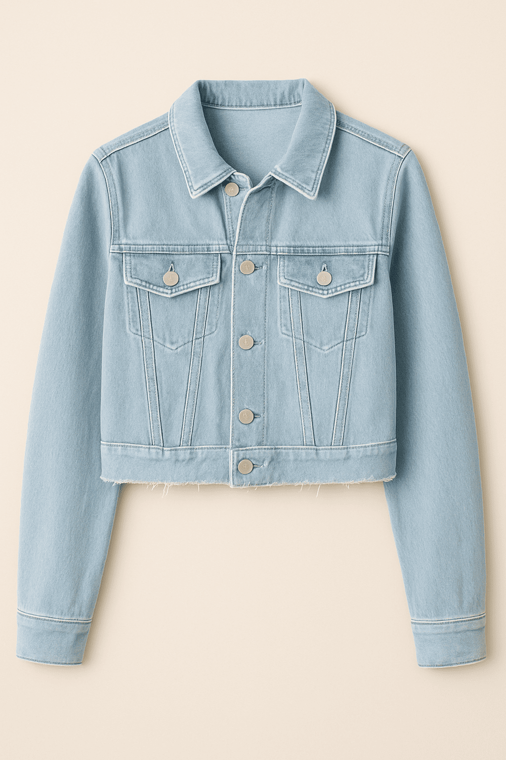 Light Blue Denim Jacket with Frayed Hem